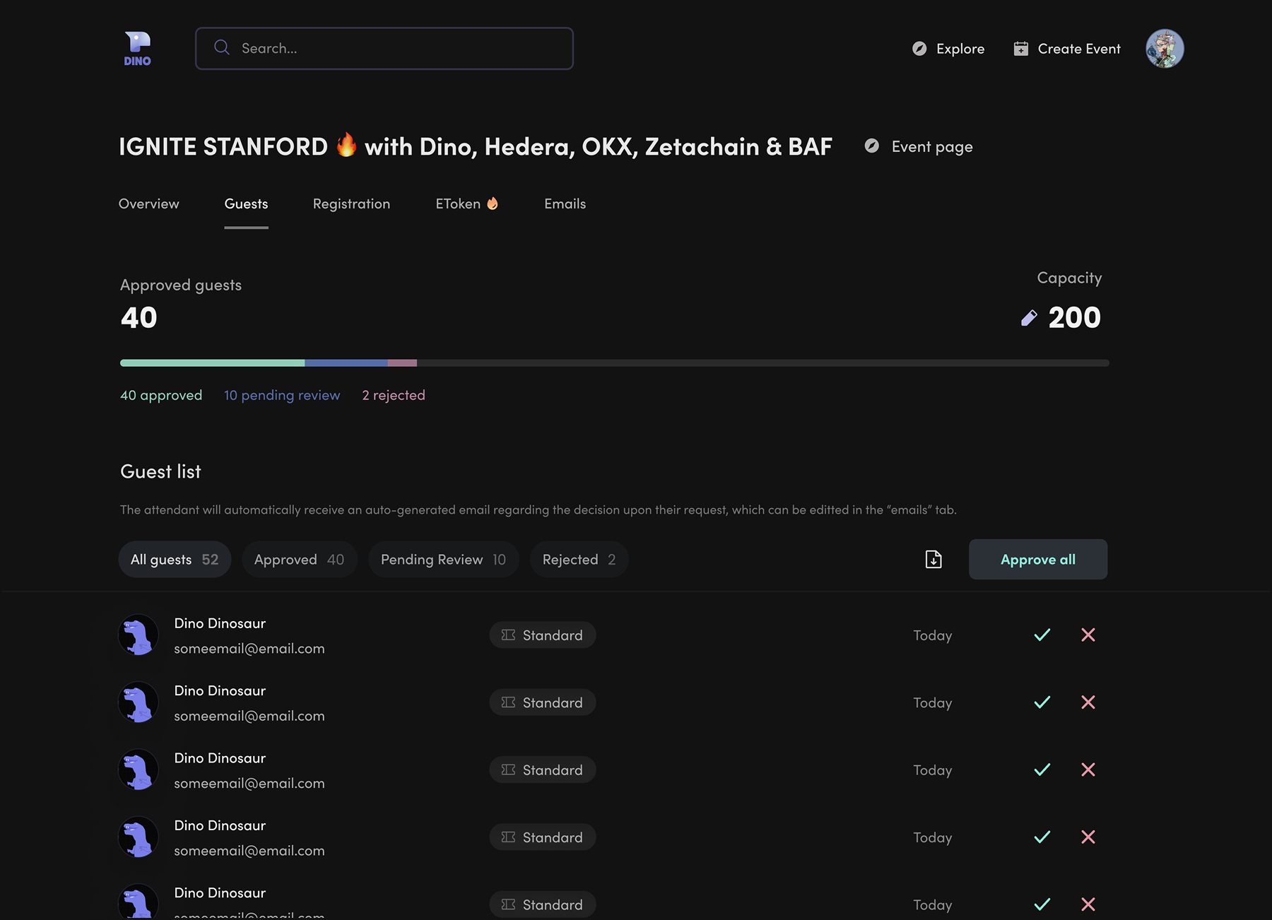 Dino manage guests screen